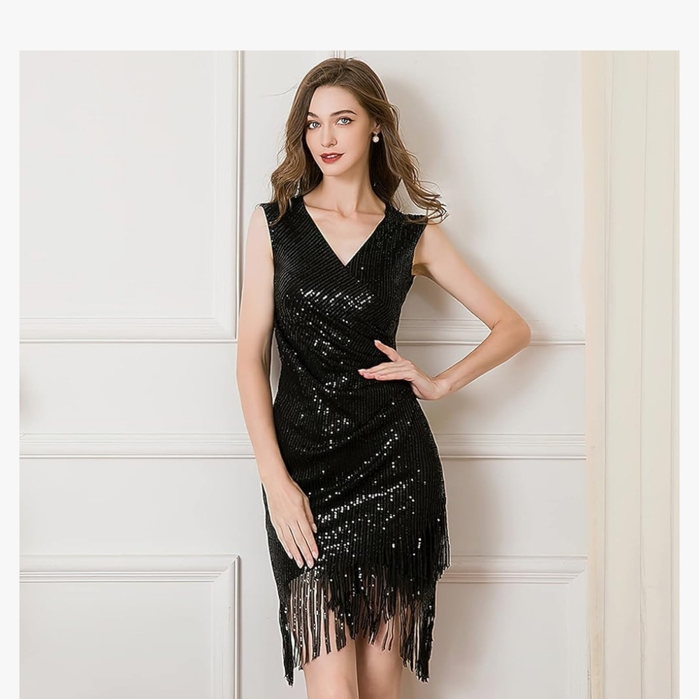 Elegant Black Sequin Fringe Dress